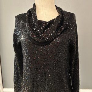 NEW Iman metallic black long sleeve cowl neck sequin sweater Medium